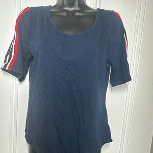 Abiance Navy Bodysuit 1X – Red & White Stripe Sleeve NWT